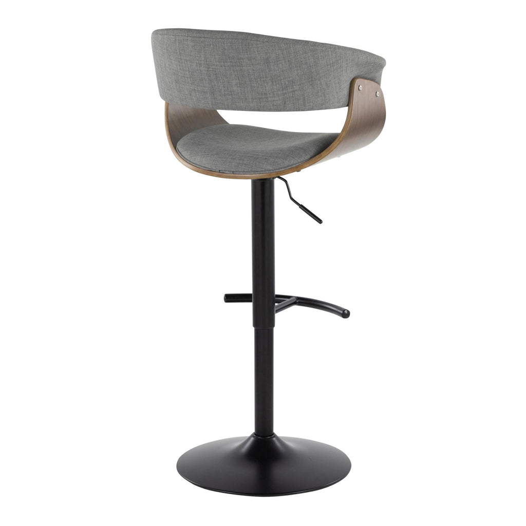 Vintage Mod Adjustable Barstool - Set of 2 - Black Metal, Walnut Wood, Light Grey Fabric