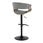 Vintage Mod Adjustable Barstool - Set of 2 - Black Metal, Walnut Wood, Light Grey Fabric