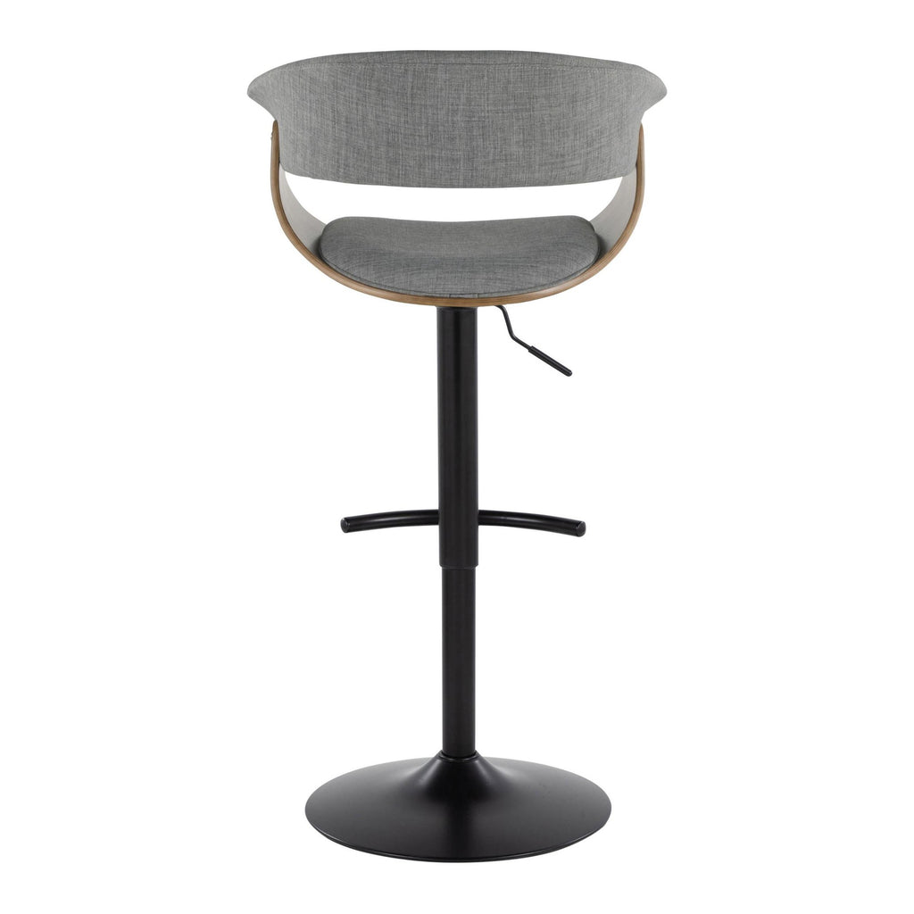 Vintage Mod Adjustable Barstool - Set of 2 - Black Metal, Walnut Wood, Light Grey Fabric