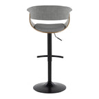 Vintage Mod Adjustable Barstool - Set of 2 - Black Metal, Walnut Wood, Light Grey Fabric