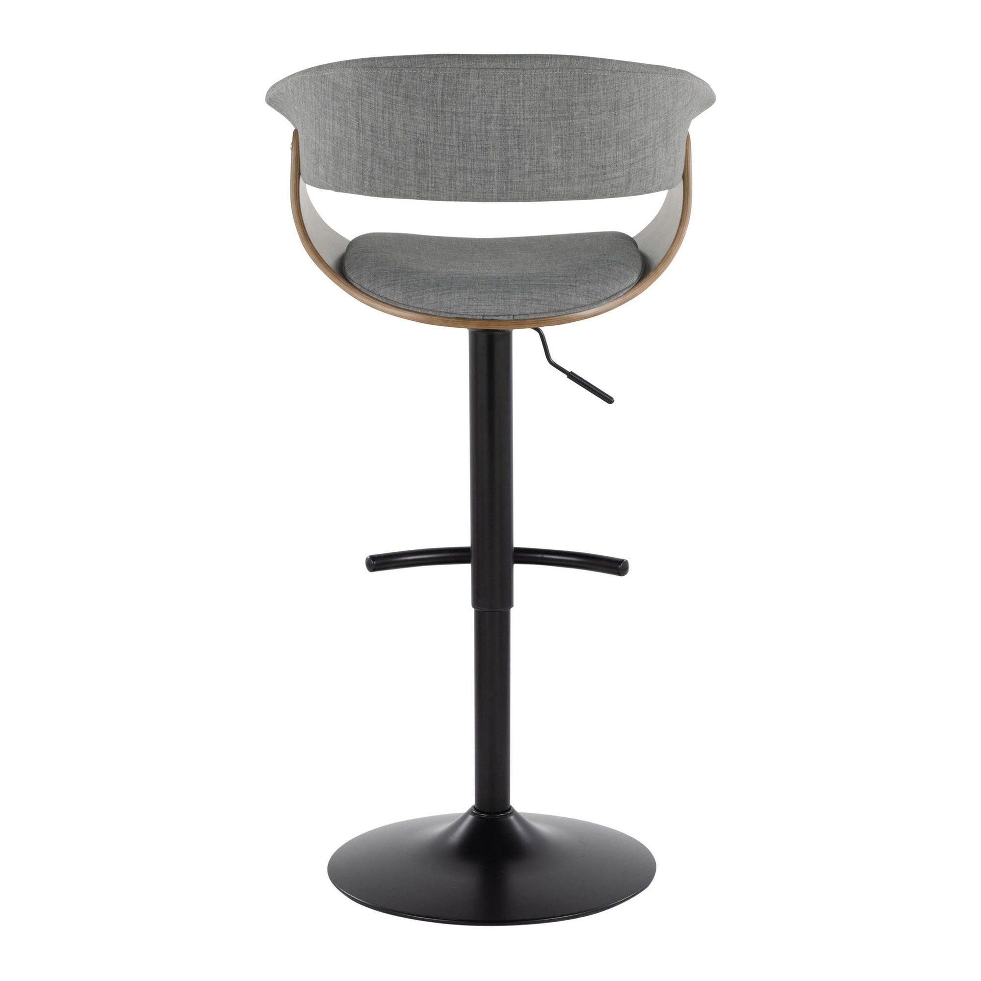 Vintage Mod Adjustable Barstool - Set of 2 - Black Metal, Walnut Wood, Light Grey Fabric