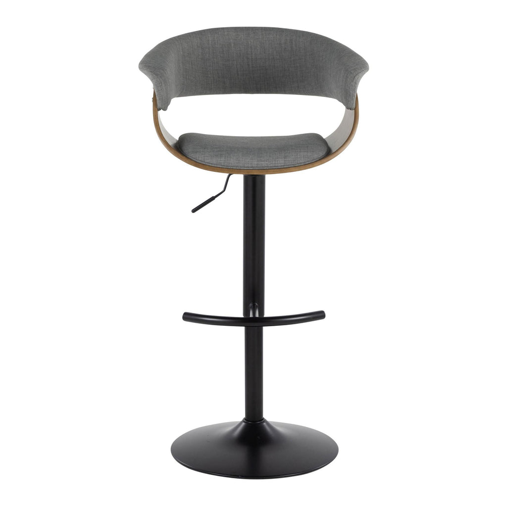 Vintage Mod Adjustable Barstool - Set of 2 - Black Metal, Walnut Wood, Light Grey Fabric