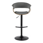 Vintage Mod Adjustable Barstool - Set of 2 - Black Metal, Walnut Wood, Light Grey Fabric