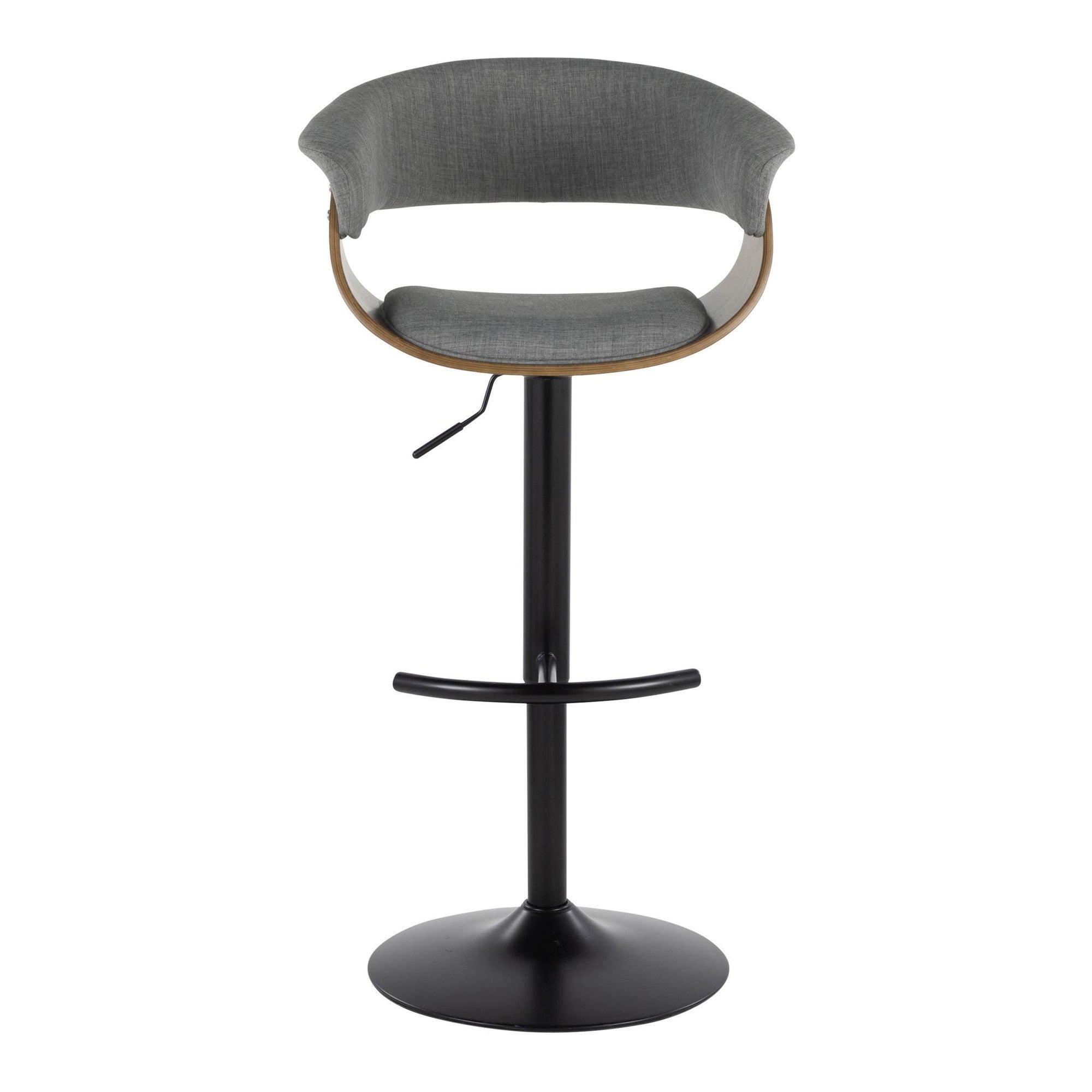 Vintage Mod Adjustable Barstool - Set of 2 - Black Metal, Walnut Wood, Light Grey Fabric