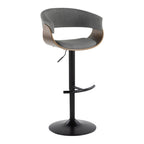 Vintage Mod Adjustable Barstool - Set of 2 - Black Metal, Walnut Wood, Light Grey Fabric