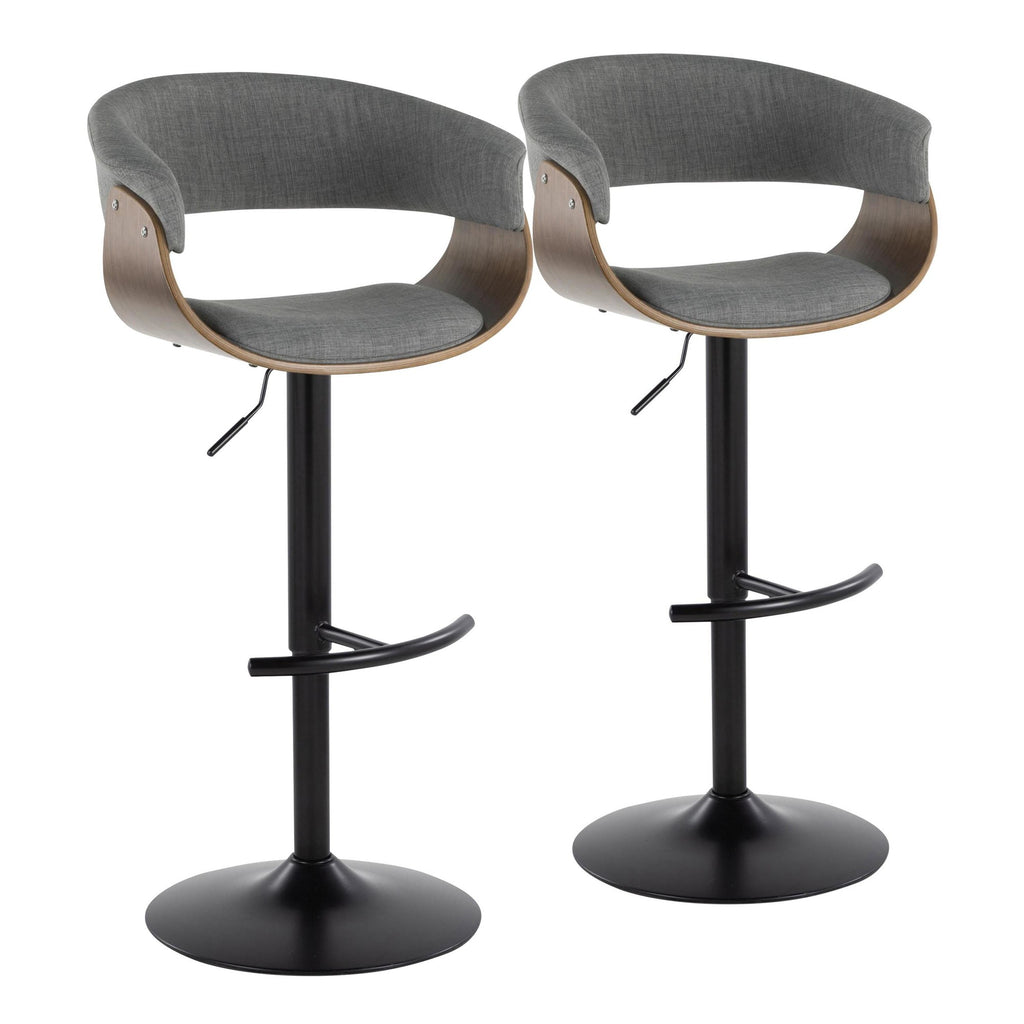 Vintage Mod Adjustable Barstool - Set of 2 - Black Metal, Walnut Wood, Light Grey Fabric