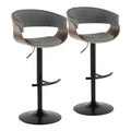 Vintage Mod Adjustable Barstool - Set of 2 - Black Metal, Walnut Wood, Light Grey Fabric
