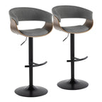 Vintage Mod Adjustable Barstool - Set of 2 - Black Metal, Walnut Wood, Light Grey Fabric