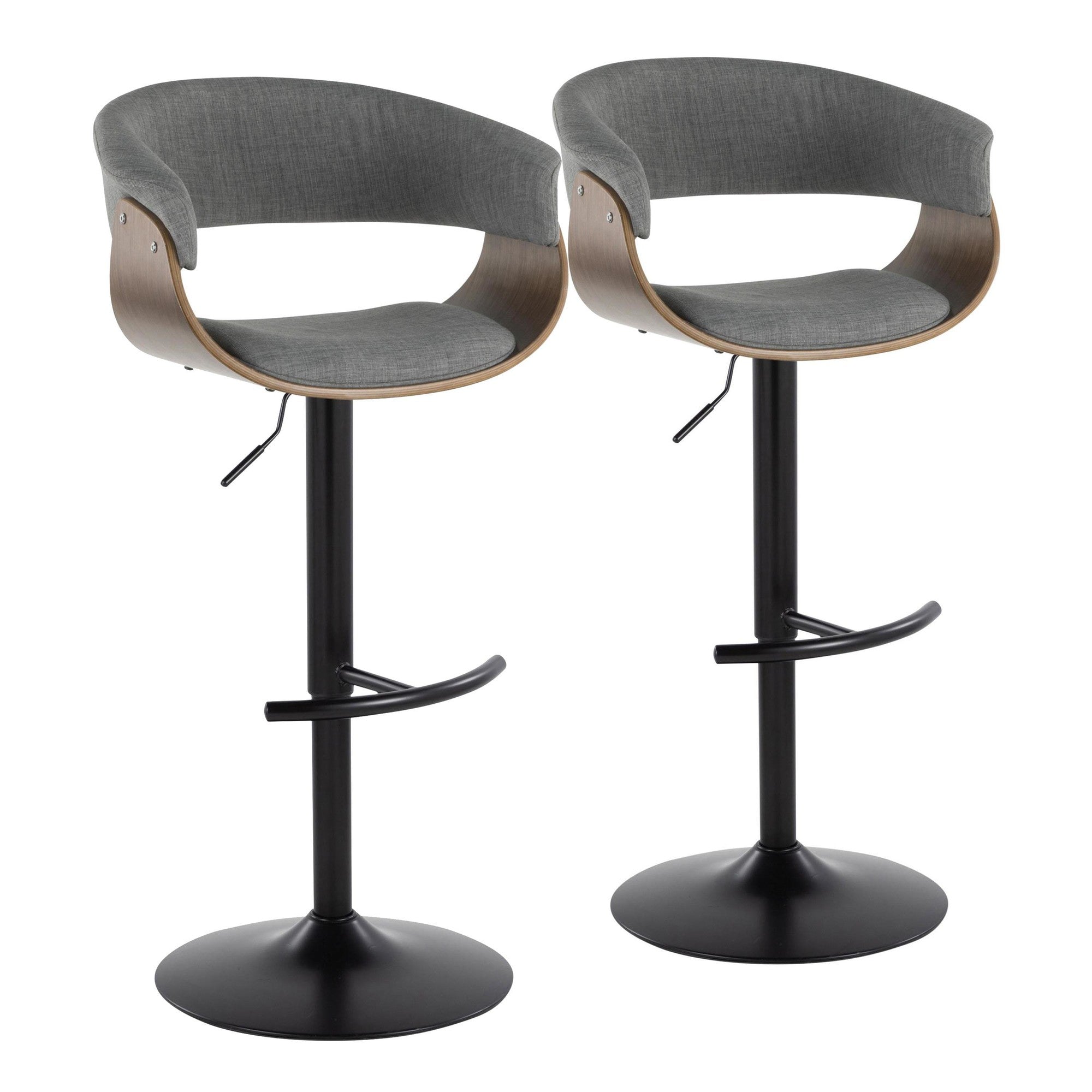 Vintage Mod Adjustable Barstool - Set of 2 - Black Metal, Walnut Wood, Light Grey Fabric