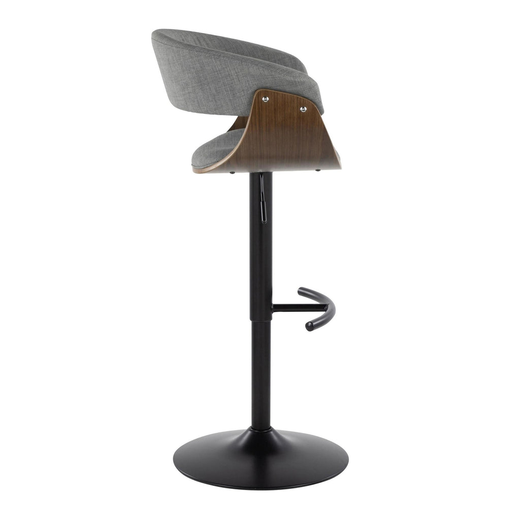 Vintage Mod Adjustable Barstool - Set of 2 - Black Metal, Walnut Wood, Light Grey Fabric