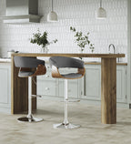 Vintage Mod Adjustable Barstool - Set of 2 - Chrome Metal, Walnut Wood, Light Grey Fabric
