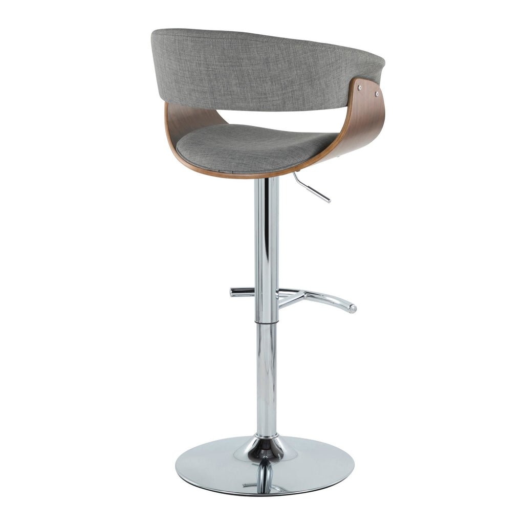 Vintage Mod Adjustable Barstool - Set of 2 - Chrome Metal, Walnut Wood, Light Grey Fabric