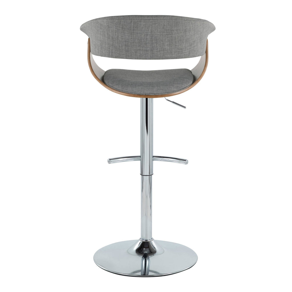 Vintage Mod Adjustable Barstool - Set of 2 - Chrome Metal, Walnut Wood, Light Grey Fabric