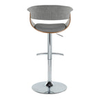 Vintage Mod Adjustable Barstool - Set of 2 - Chrome Metal, Walnut Wood, Light Grey Fabric