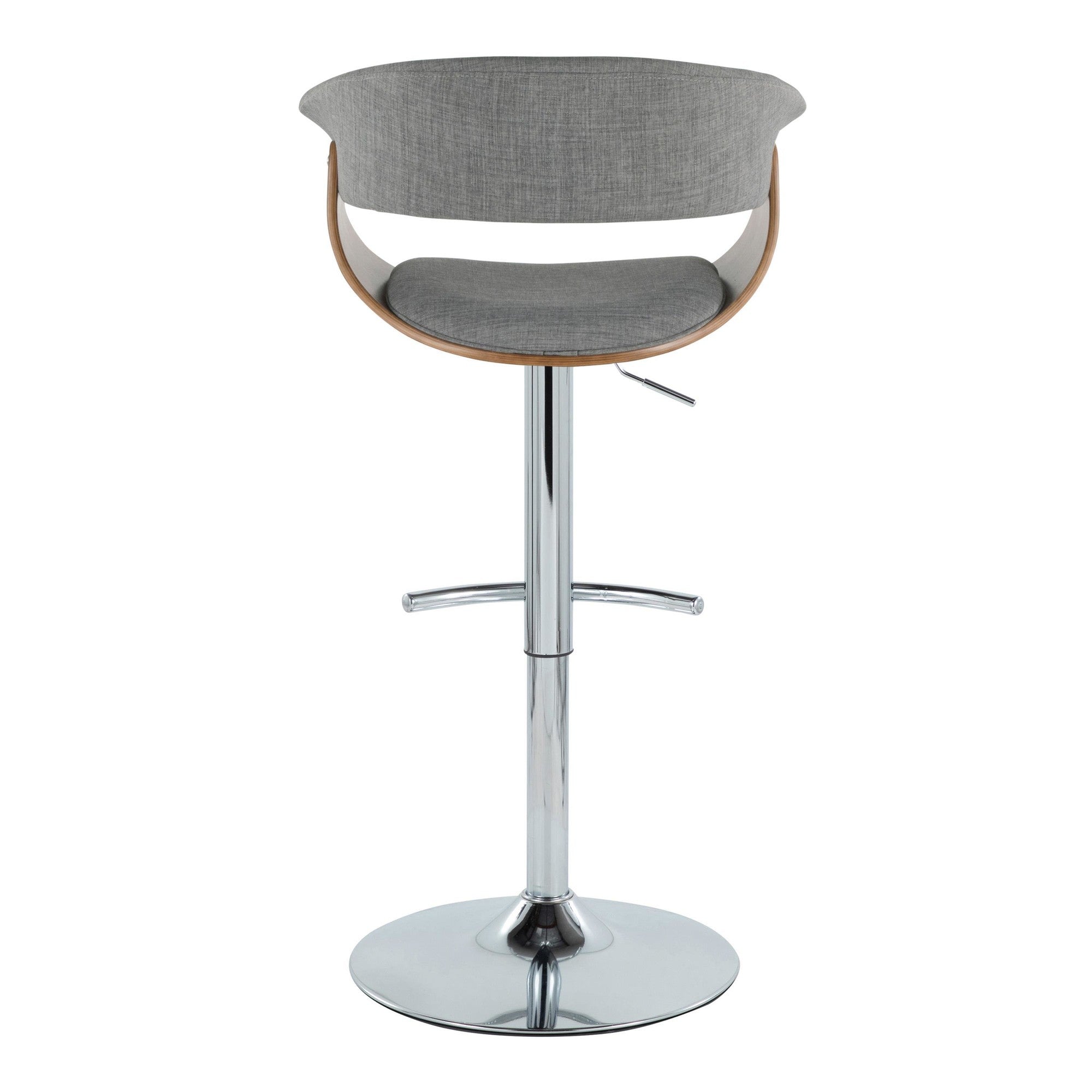 Vintage Mod Adjustable Barstool - Set of 2 - Chrome Metal, Walnut Wood, Light Grey Fabric