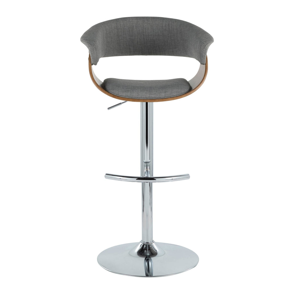Vintage Mod Adjustable Barstool - Set of 2 - Chrome Metal, Walnut Wood, Light Grey Fabric