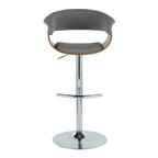 Vintage Mod Adjustable Barstool - Set of 2 - Chrome Metal, Walnut Wood, Light Grey Fabric