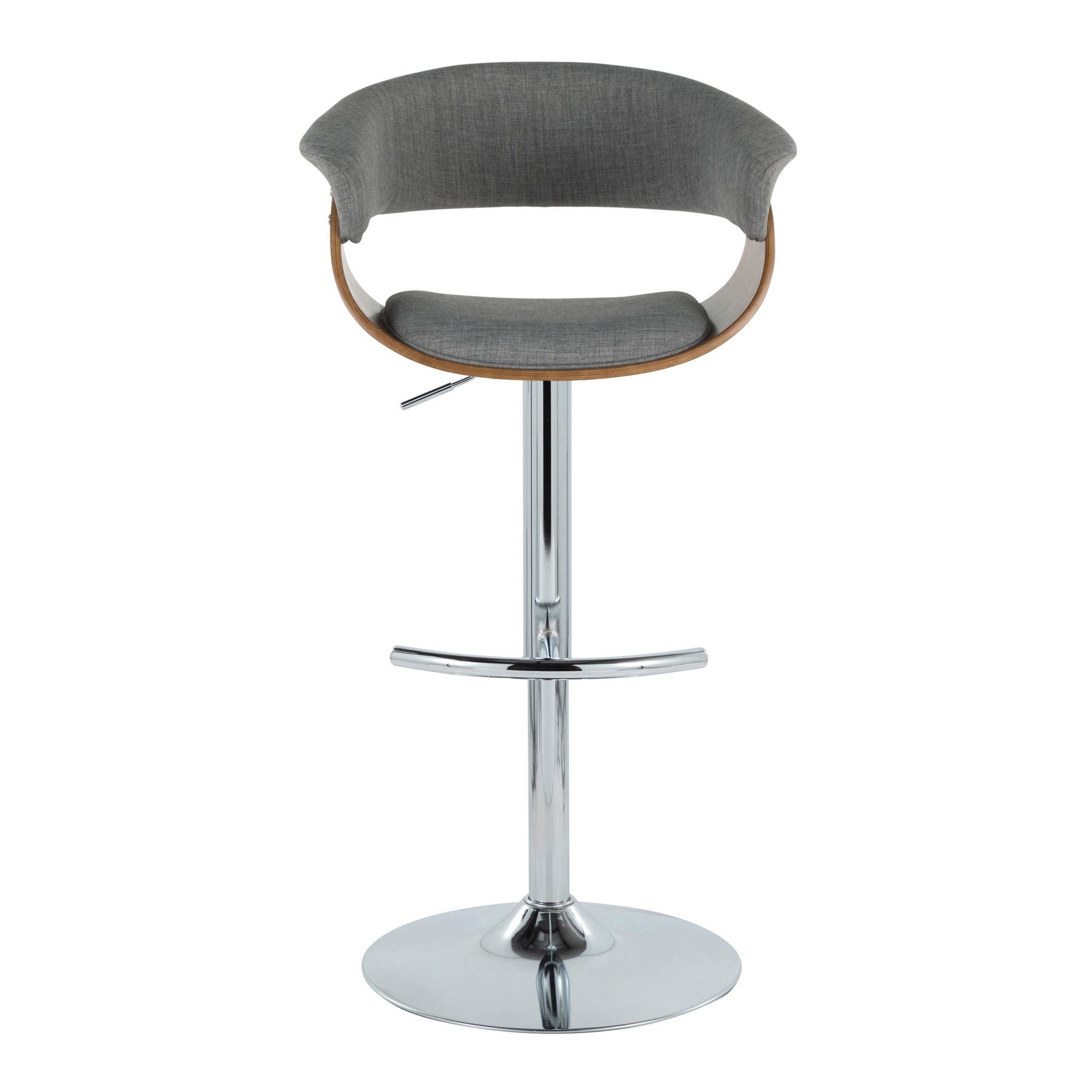 Vintage Mod Adjustable Barstool - Set of 2 - Chrome Metal, Walnut Wood, Light Grey Fabric
