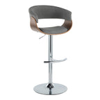 Vintage Mod Adjustable Barstool - Set of 2 - Chrome Metal, Walnut Wood, Light Grey Fabric