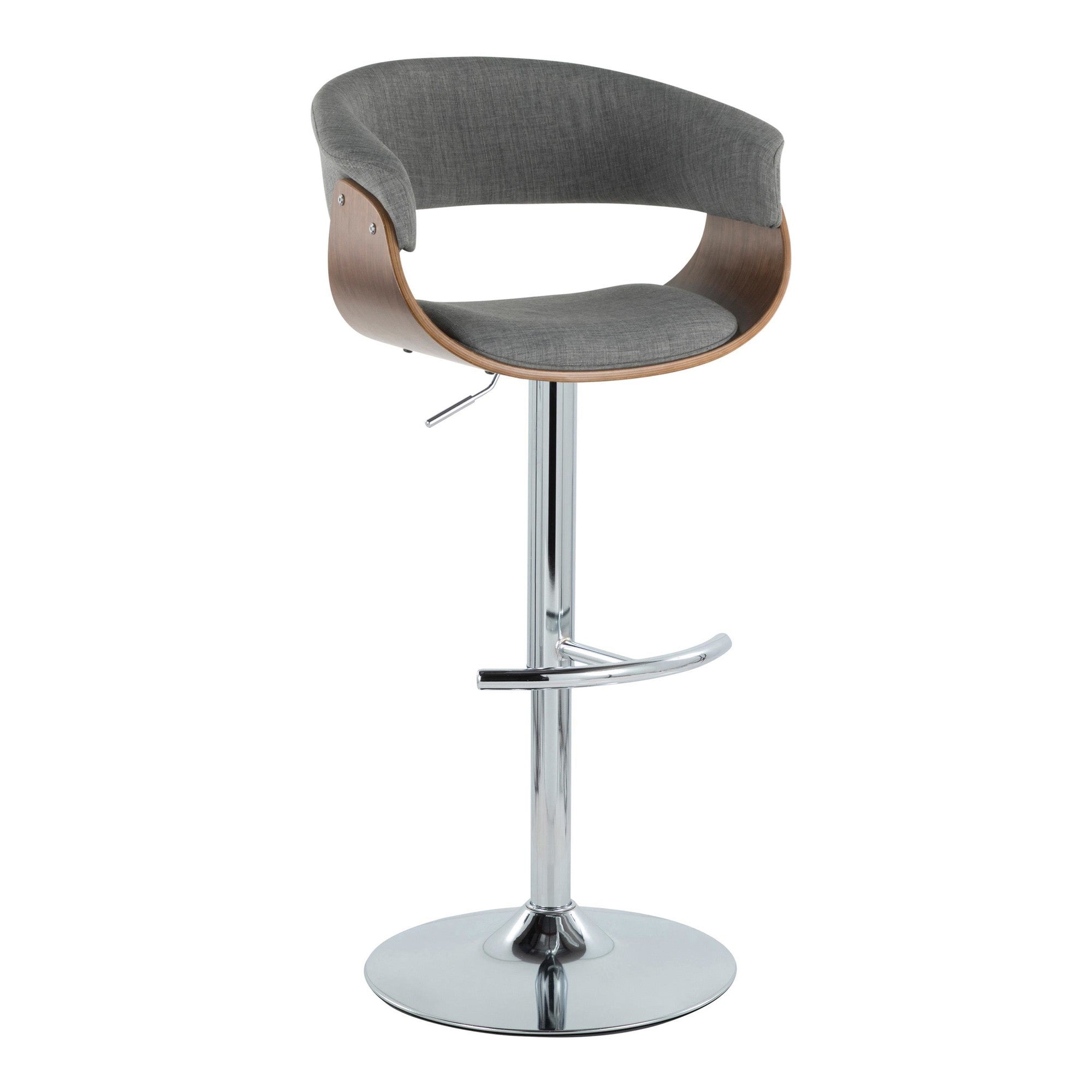 Vintage Mod Adjustable Barstool - Set of 2 - Chrome Metal, Walnut Wood, Light Grey Fabric