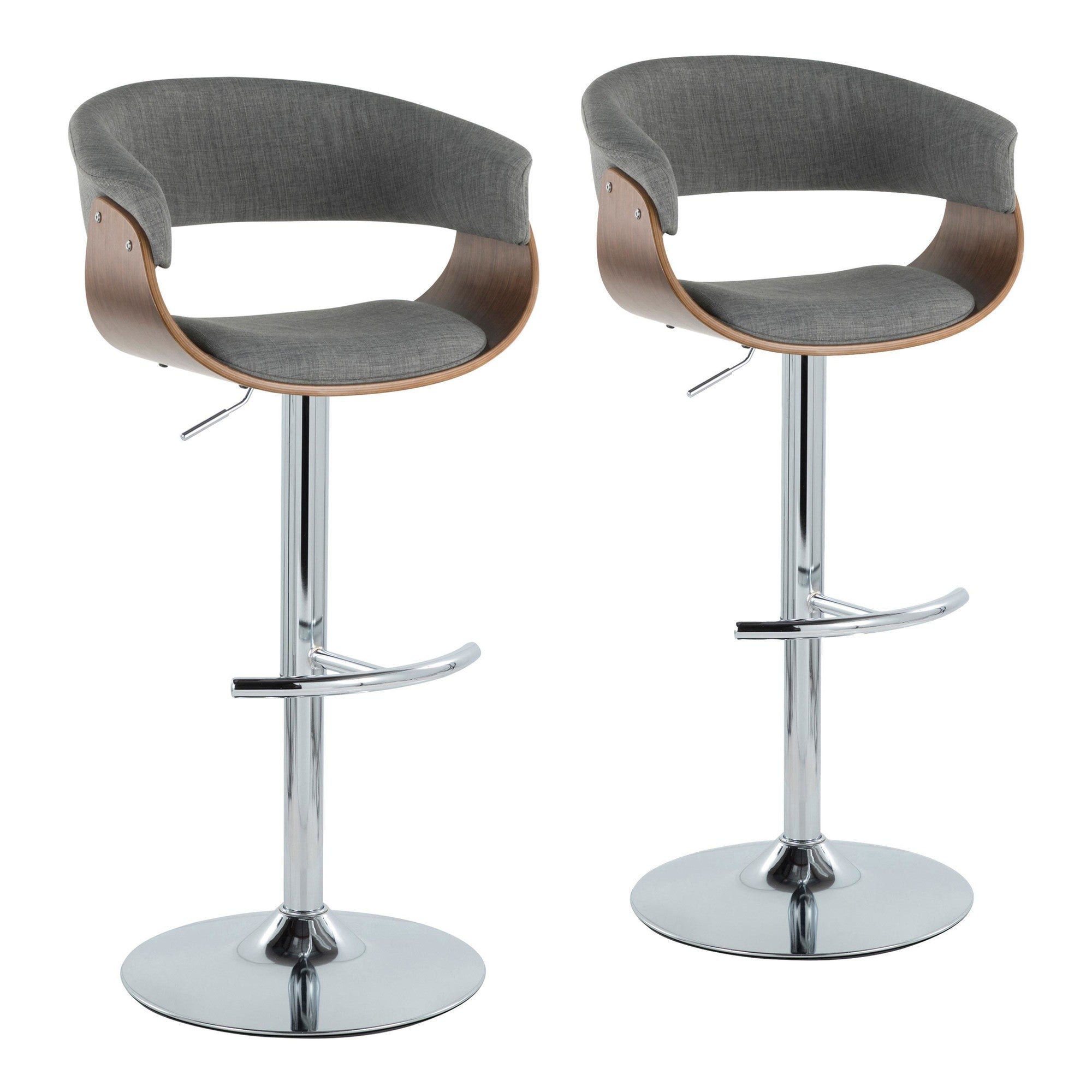 Vintage Mod Adjustable Barstool - Set of 2 - Chrome Metal, Walnut Wood, Light Grey Fabric