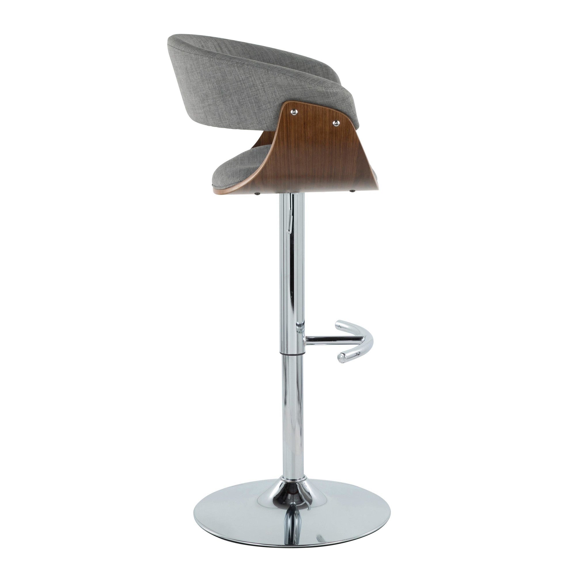 Vintage Mod Adjustable Barstool - Set of 2 - Chrome Metal, Walnut Wood, Light Grey Fabric