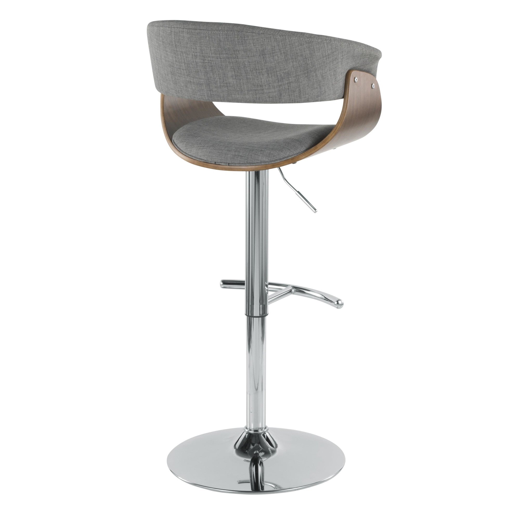 Vintage Mod Adjustable Barstool - Chrome Metal, Walnut Wood, Light Grey Fabric