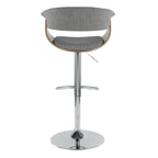 Vintage Mod Adjustable Barstool - Chrome Metal, Walnut Wood, Light Grey Fabric