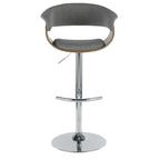 Vintage Mod Adjustable Barstool - Chrome Metal, Walnut Wood, Light Grey Fabric