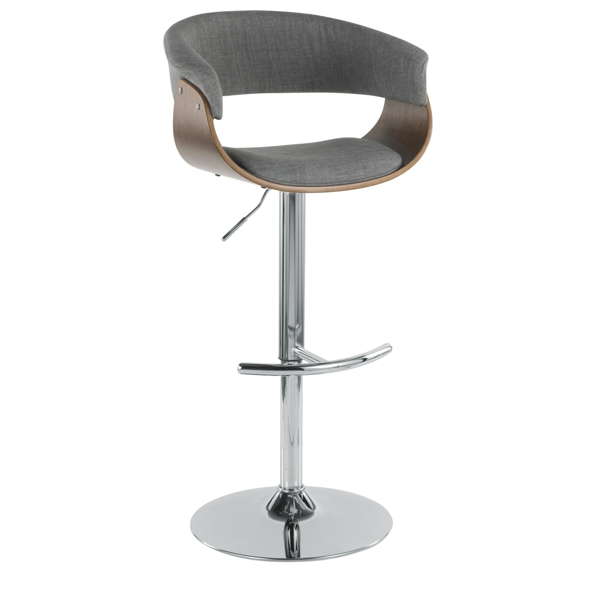 Vintage Mod Adjustable Barstool - Chrome Metal, Walnut Wood, Light Grey Fabric