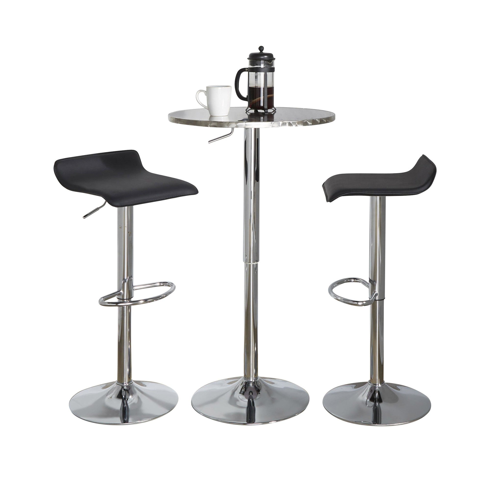 Bistro Round Ale Bar Set - 3 Piece - Silver Metal, Black Pvc, Chrome Metal