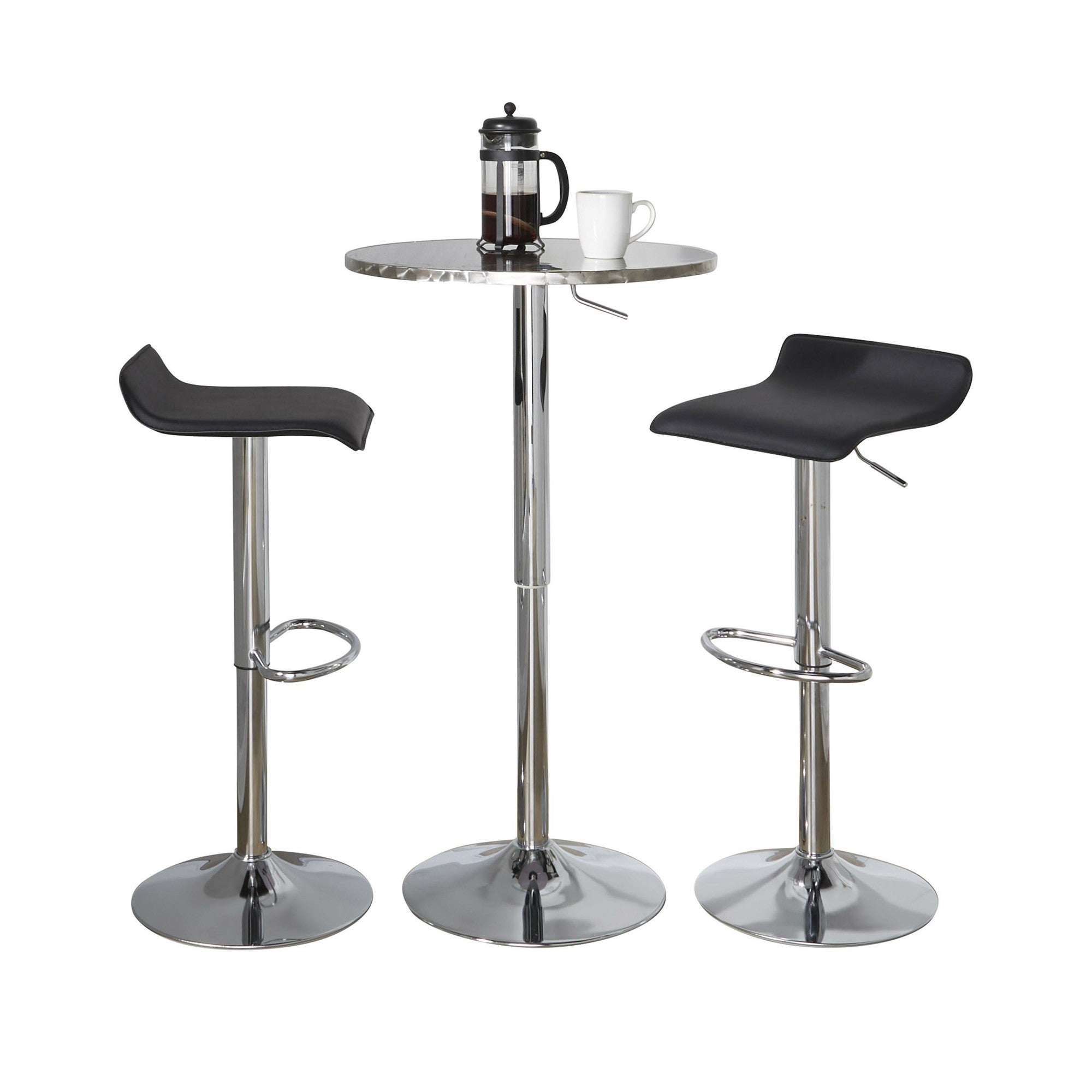 Bistro Round Ale Bar Set - 3 Piece - Silver Metal, Black Pvc, Chrome Metal
