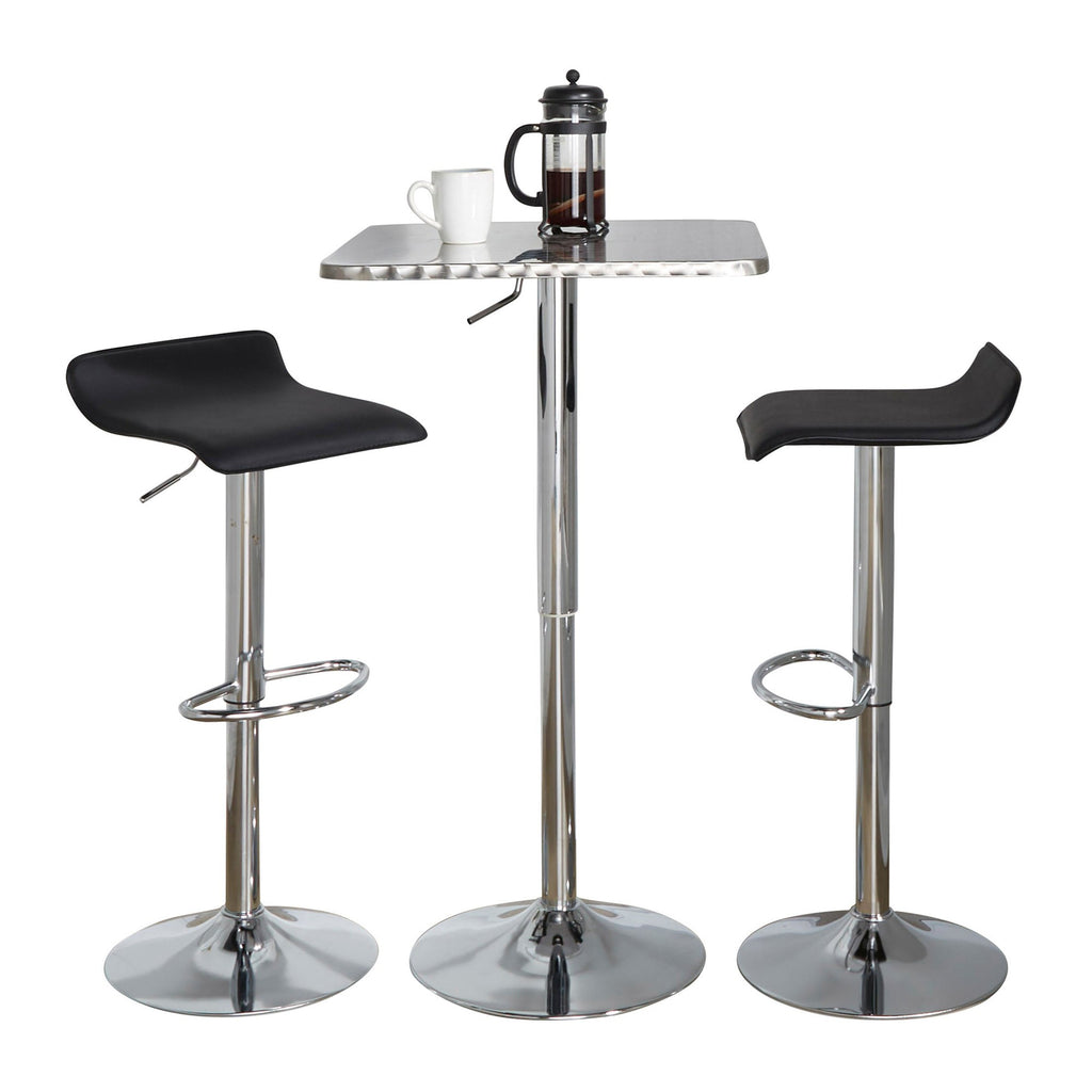 Bistro Square-ale Bar Set - 3 Piece - Silver Metal, Black Pvc, Chrome Metal
