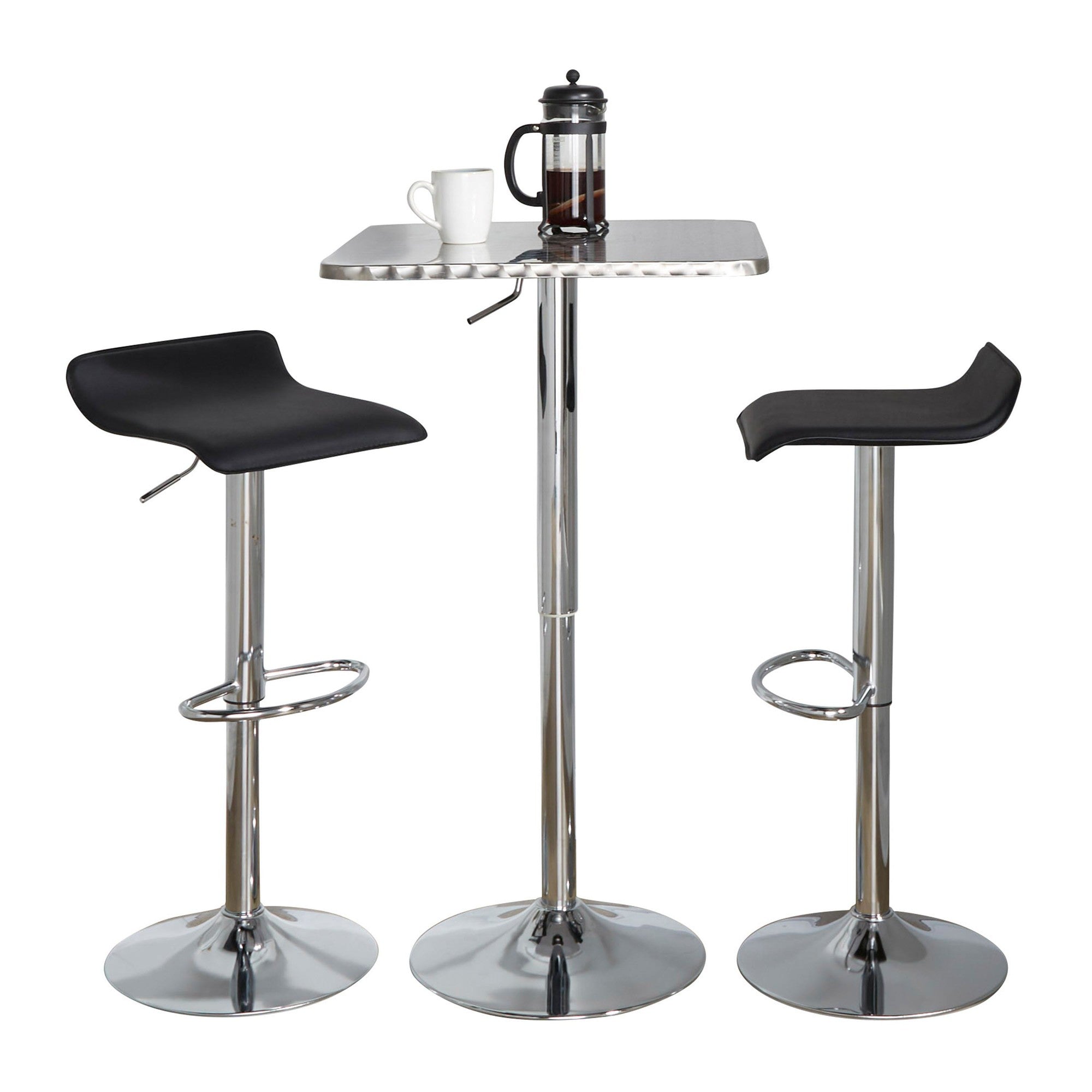Bistro Square-ale Bar Set - 3 Piece - Silver Metal, Black Pvc, Chrome Metal