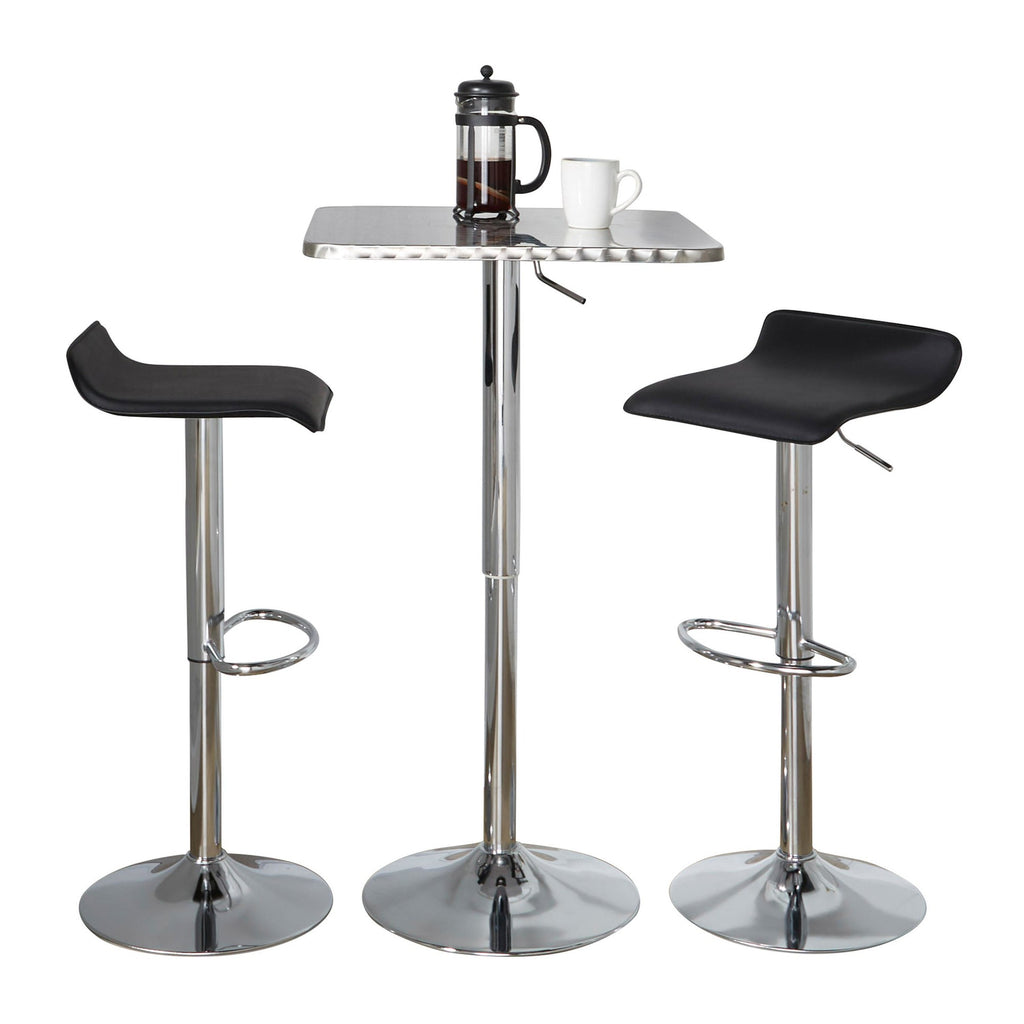 Bistro Square-ale Bar Set - 3 Piece - Silver Metal, Black Pvc, Chrome Metal