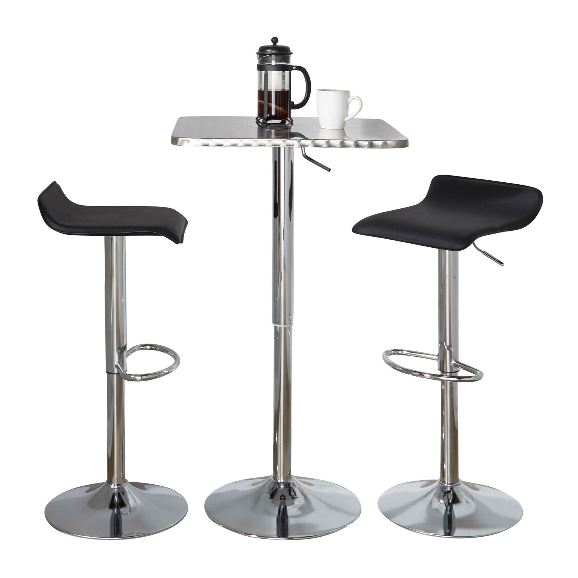 Bistro Square-ale Bar Set - 3 Piece - Silver Metal, Black Pvc, Chrome Metal