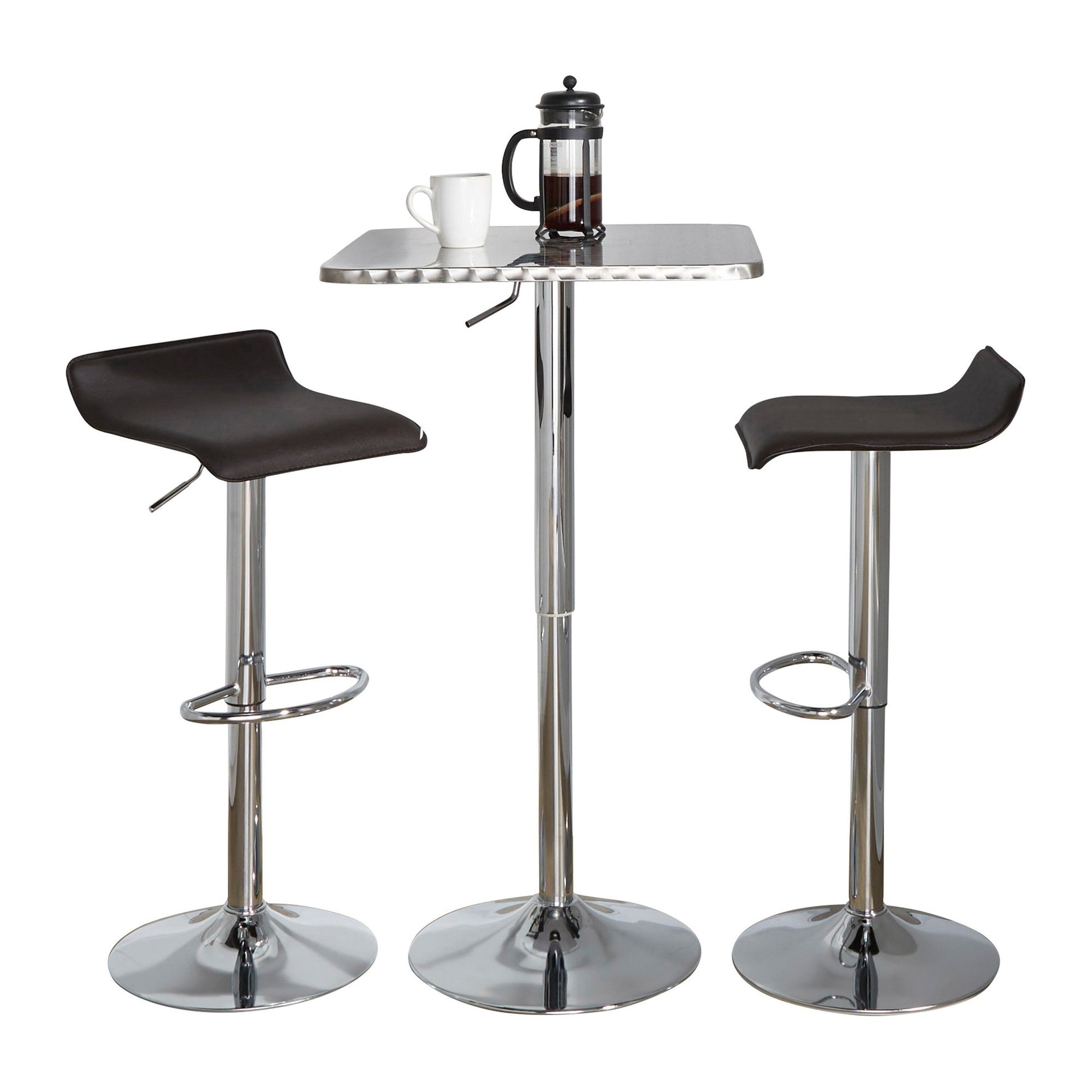 Bistro Square-ale Bar Set - 3 Piece - Silver Metal, Brown Pvc, Chrome Metal