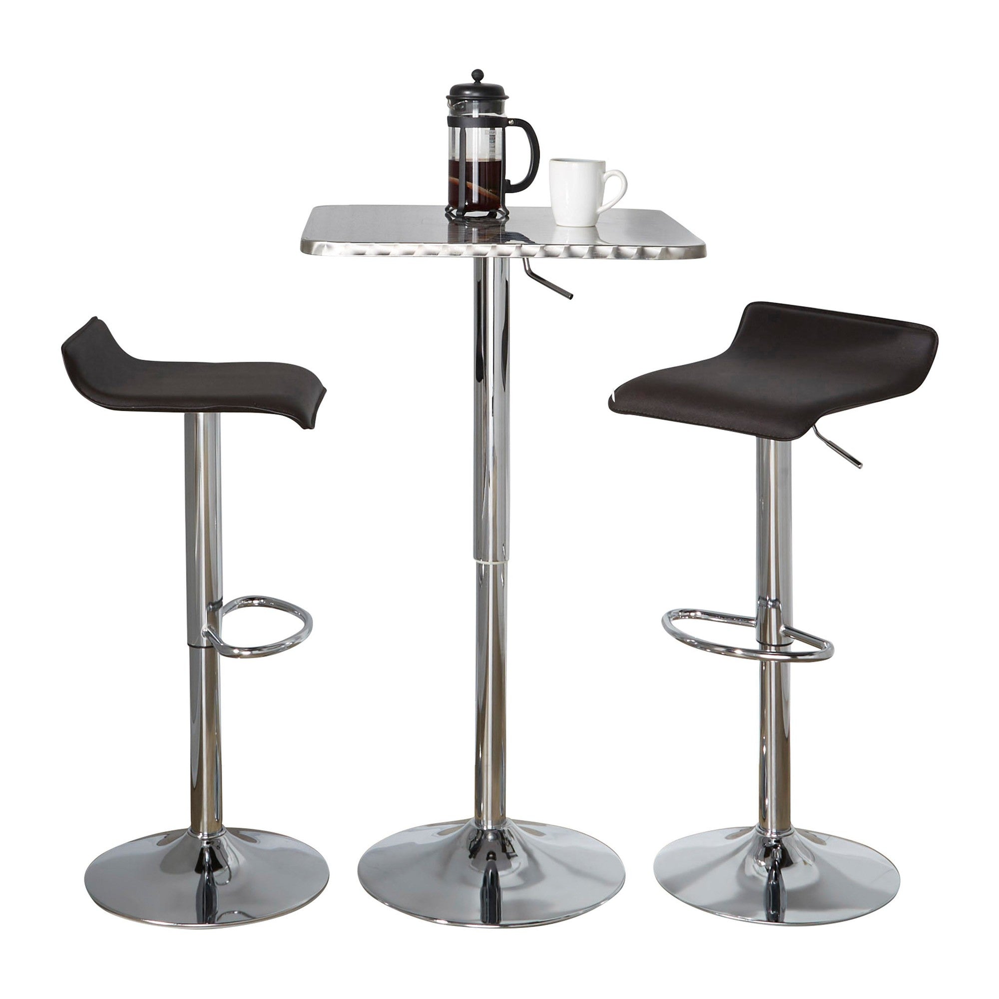 Bistro Square-ale Bar Set - 3 Piece - Silver Metal, Brown Pvc, Chrome Metal
