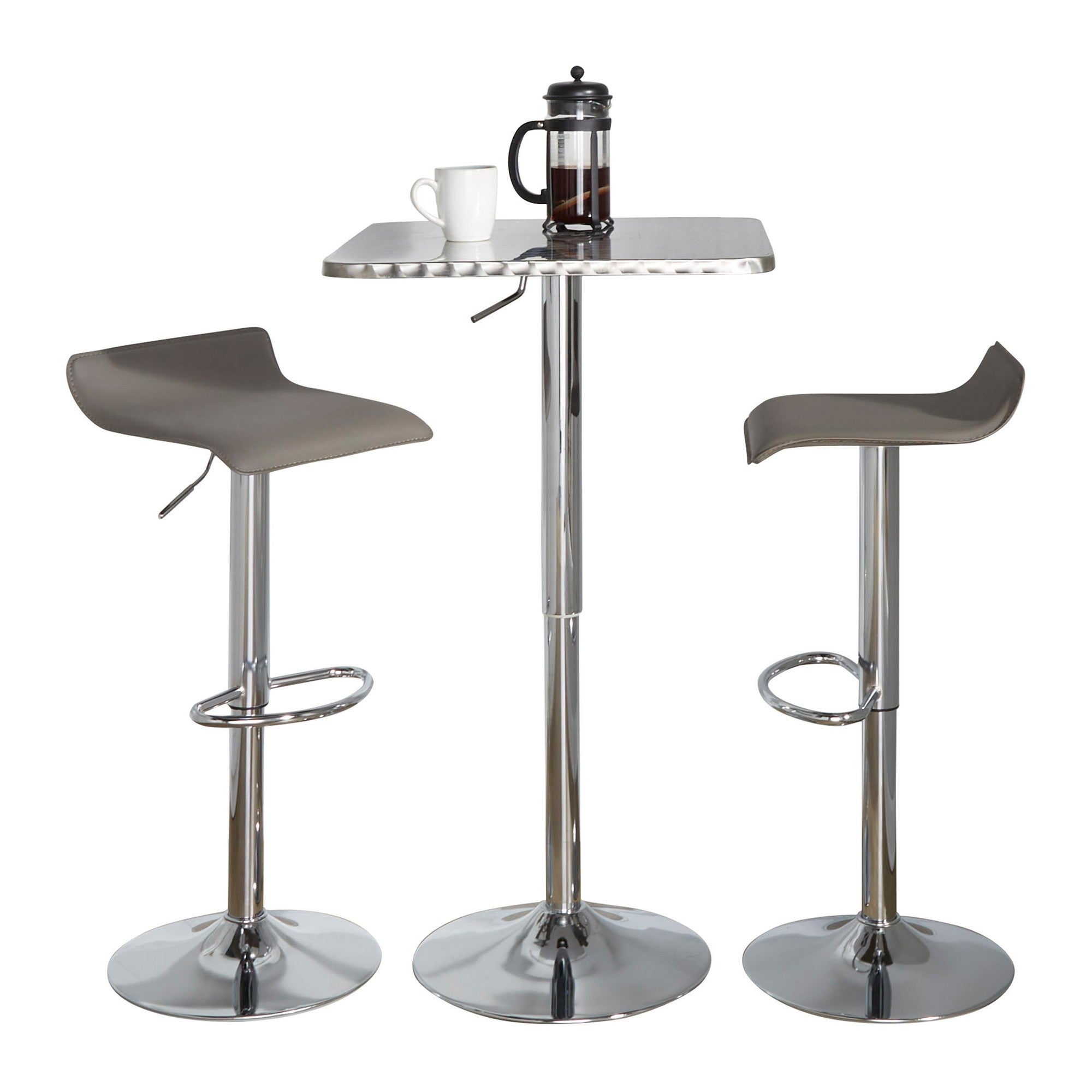 Bistro Square-ale Bar Set - 3 Piece - Silver Metal, Grey Pvc, Chrome Metal