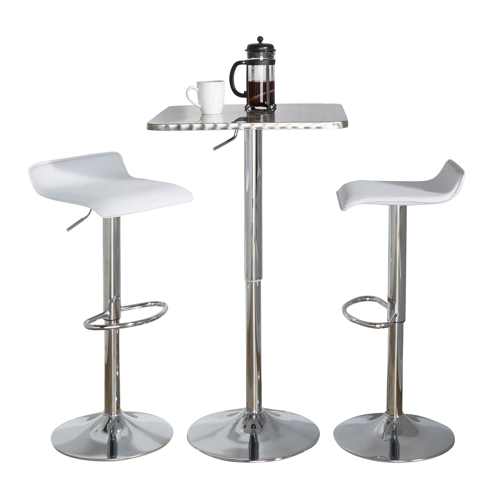 Bistro Square-ale Bar Set - 3 Piece - Silver Metal, White Pvc, Chrome Metal