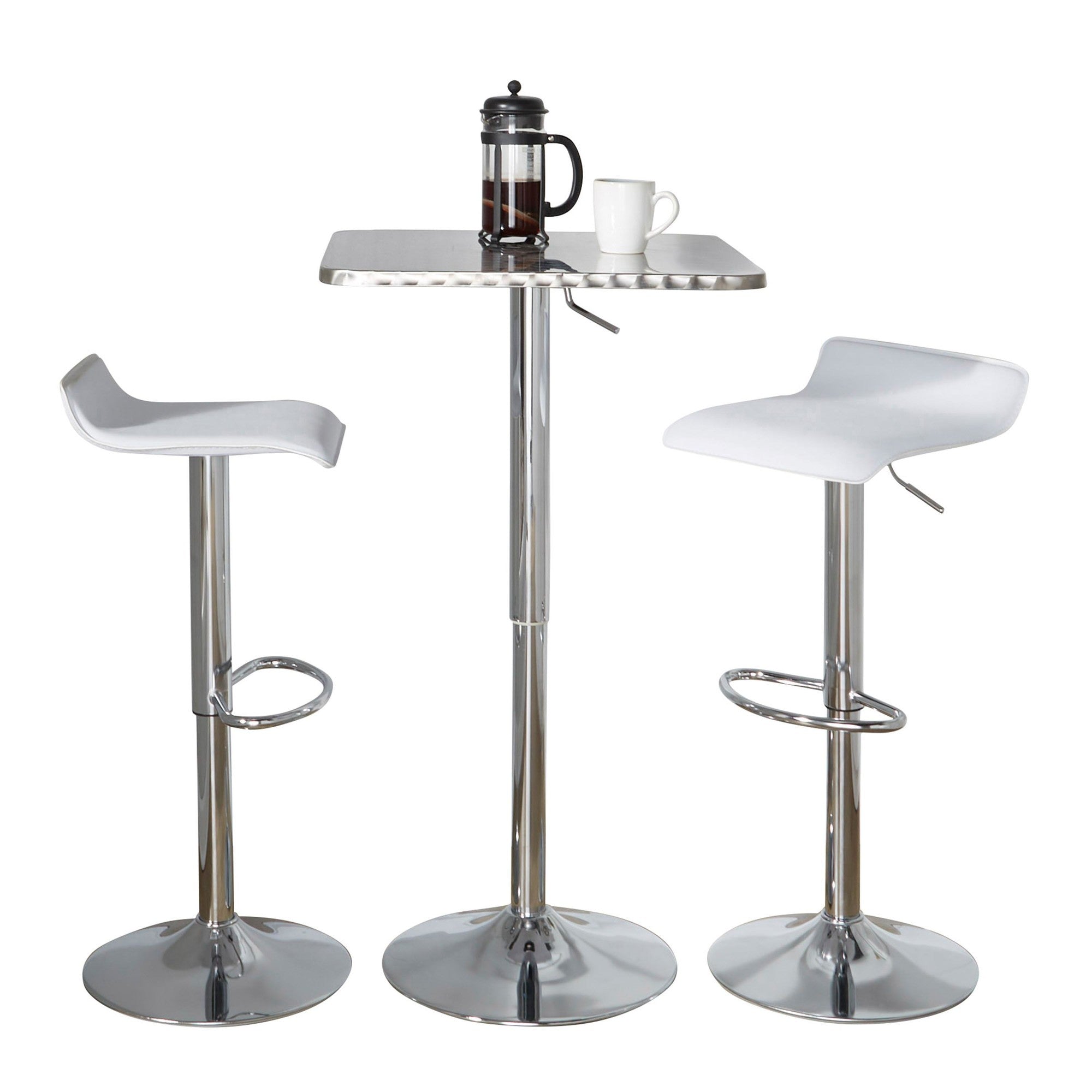 Bistro Square-ale Bar Set - 3 Piece - Silver Metal, White Pvc, Chrome Metal