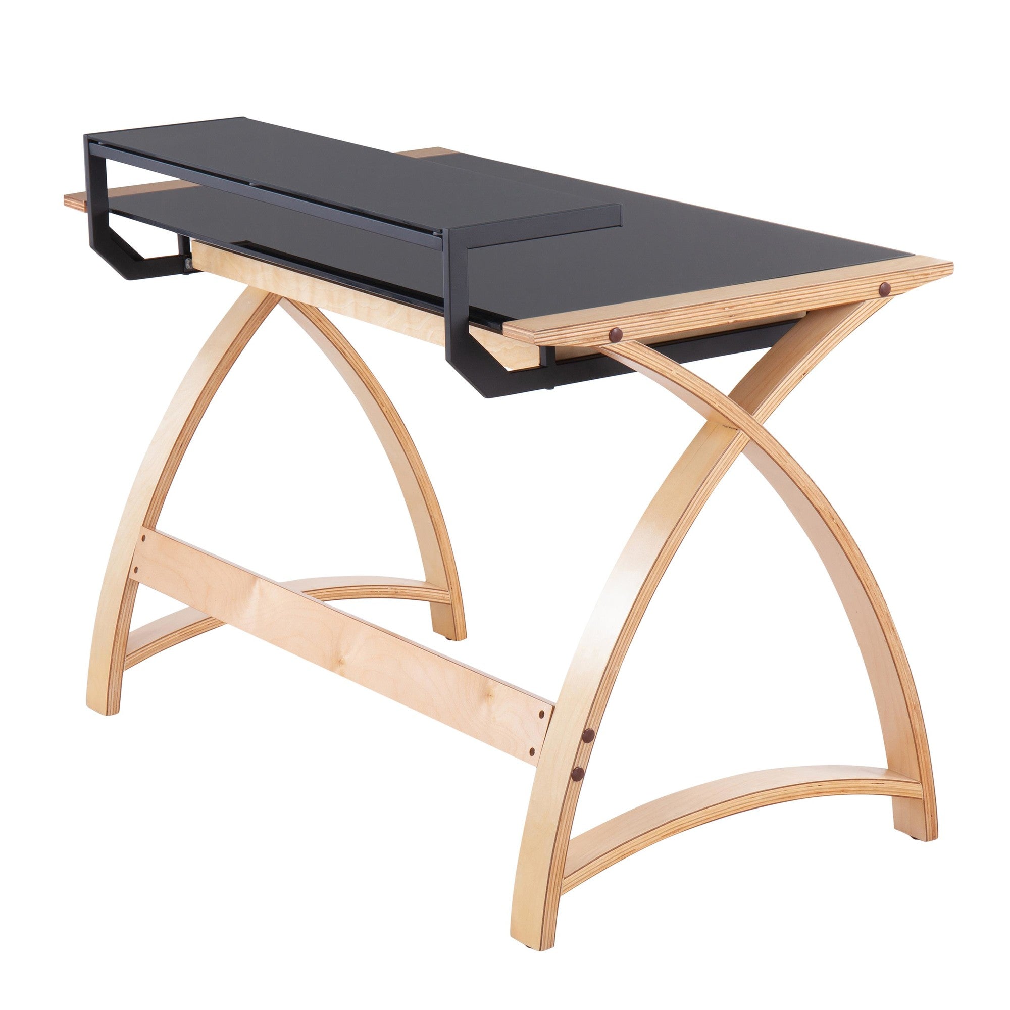 Bentley Office Desk - Natural Wood, Black Glass