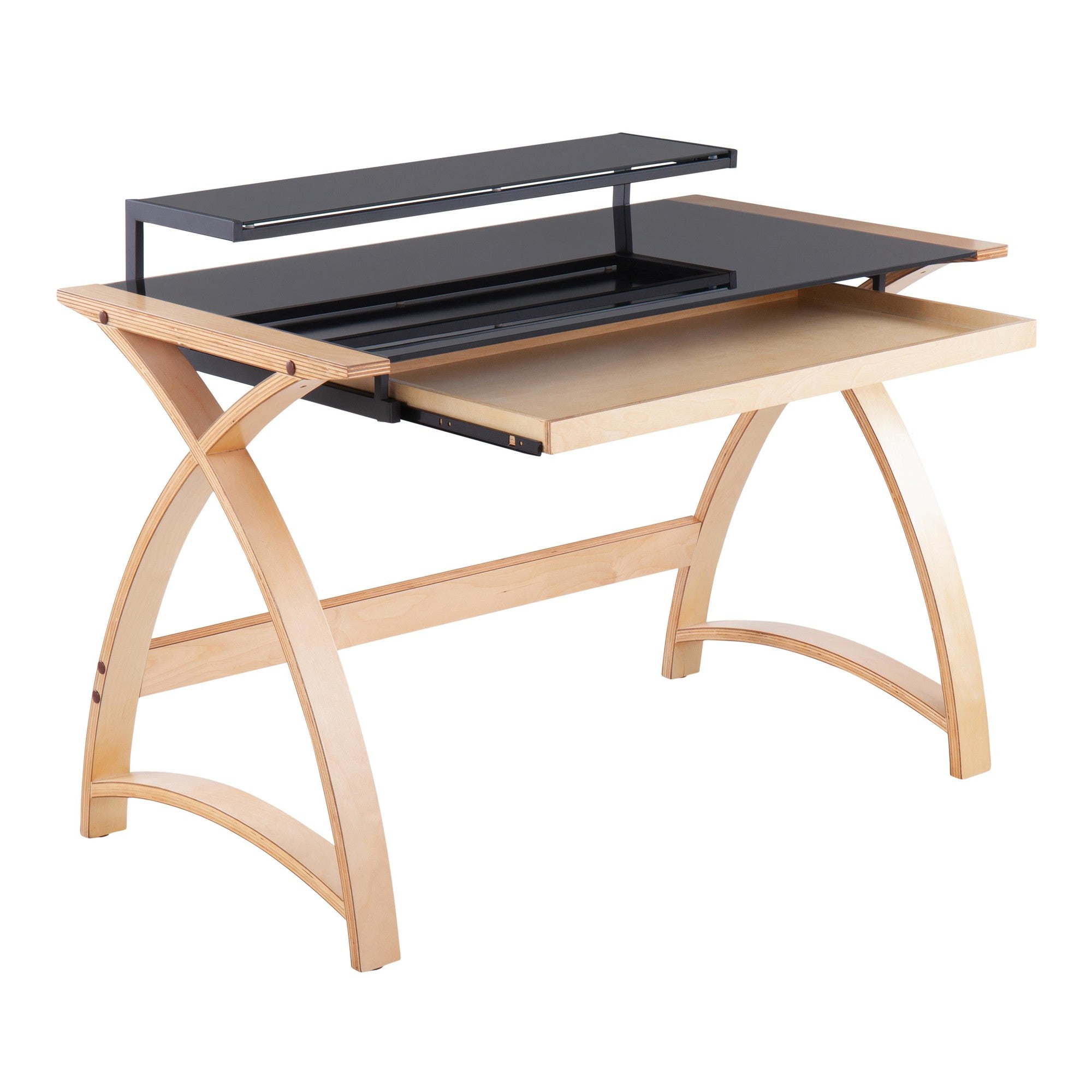 Bentley Office Desk - Natural Wood, Black Glass