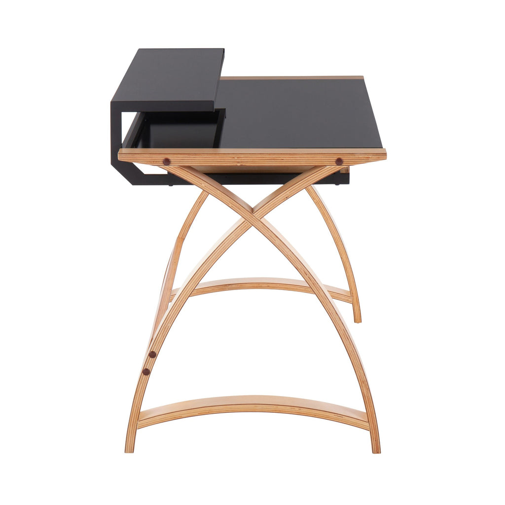 Bentley Office Desk - Natural Wood, Black Glass
