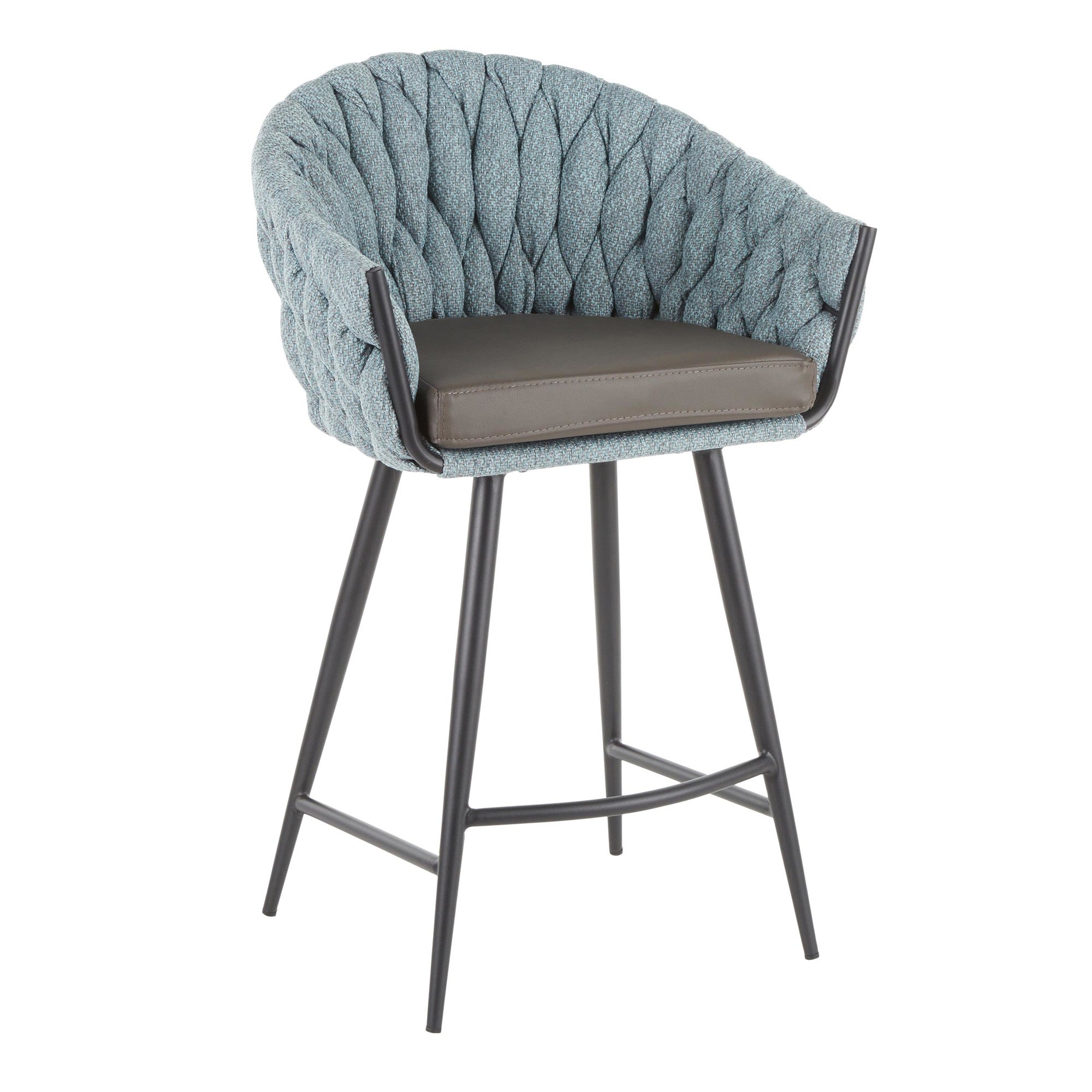 Braided Matisse 26" Fixed-Height Counter Stool - Black Metal, Blue Fabric, Grey PU