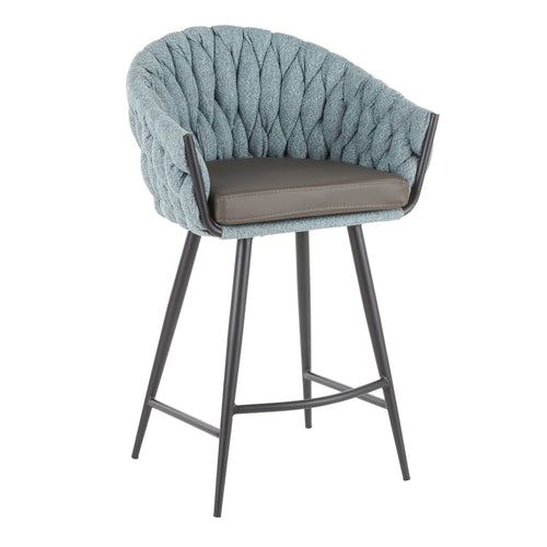 Braided Matisse 26" Fixed-Height Counter Stool - Black Metal, Blue Fabric, Grey PU