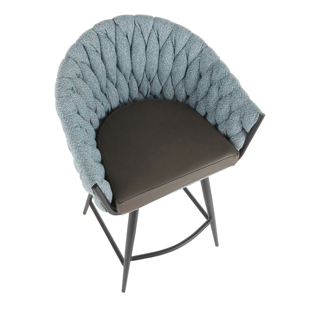Braided Matisse 26" Fixed-Height Counter Stool - Black Metal, Blue Fabric, Grey PU