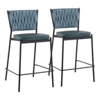 Braided Tania 24" Fixed-Height Counter Stool - Set of 2 - Black Metal, Green PU, Sea Green Fabric