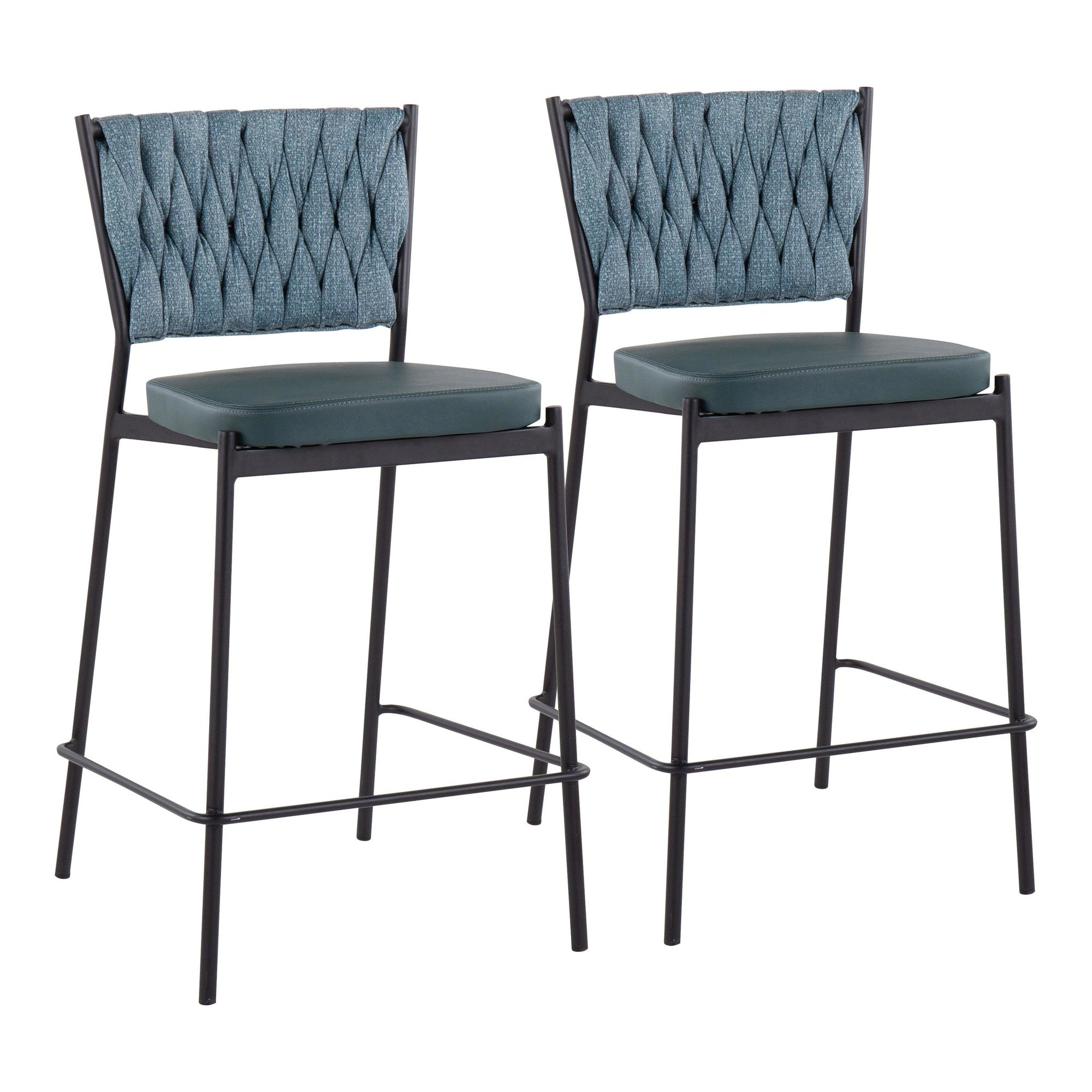 Braided Tania 24" Fixed-Height Counter Stool - Set of 2 - Black Metal, Green PU, Sea Green Fabric