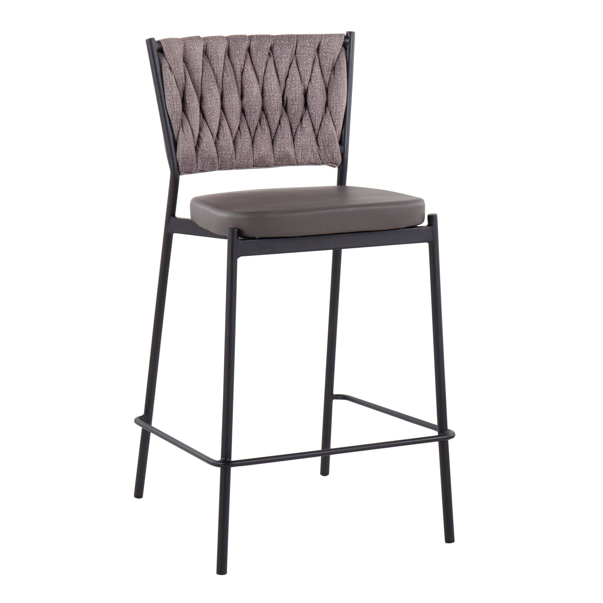 Braided Tania 24" Fixed-Height Counter Stool - Set of 2 - Black Metal, Grey PU, Light Brown Fabric